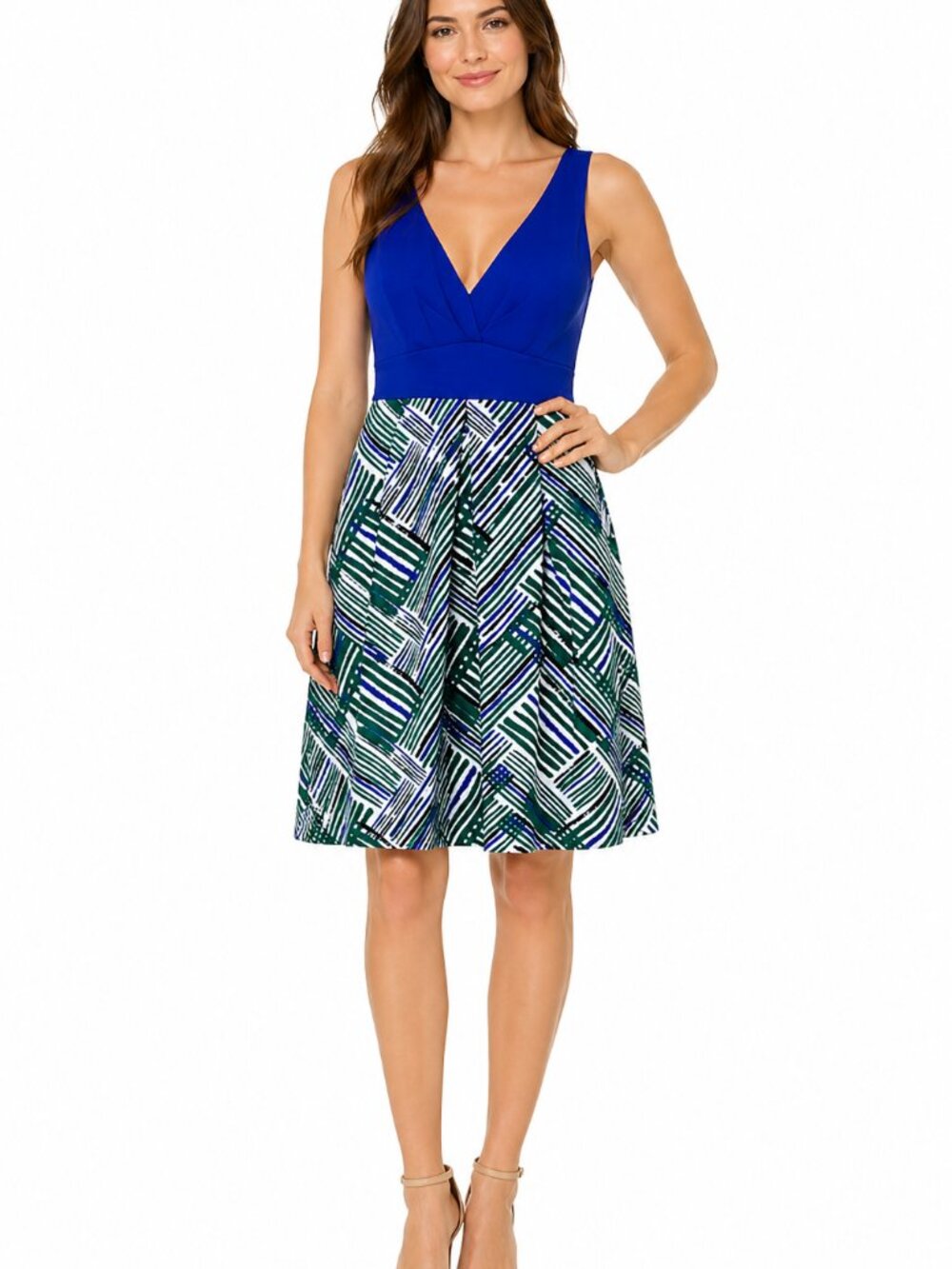Anthropologie Cobalt Blue V-Neck Midi Dress with Green & White Geometric Skirt